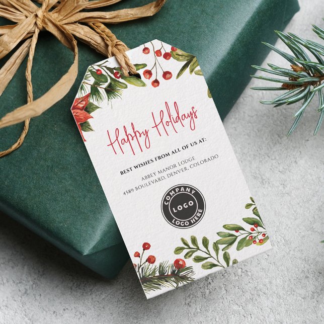 Weihnachtsfeiertage mit Firmenlogo Geschenkanhänger (Business Logo Christmas Red Berries Greenery Gift Tag)