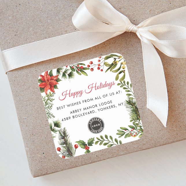 Weihnachtsfeiertage mit Ihrem Firmenlogo Quadratischer Aufkleber (Business Logo Botanical Red Berries Happy Holidays Christmas Square Sticker)