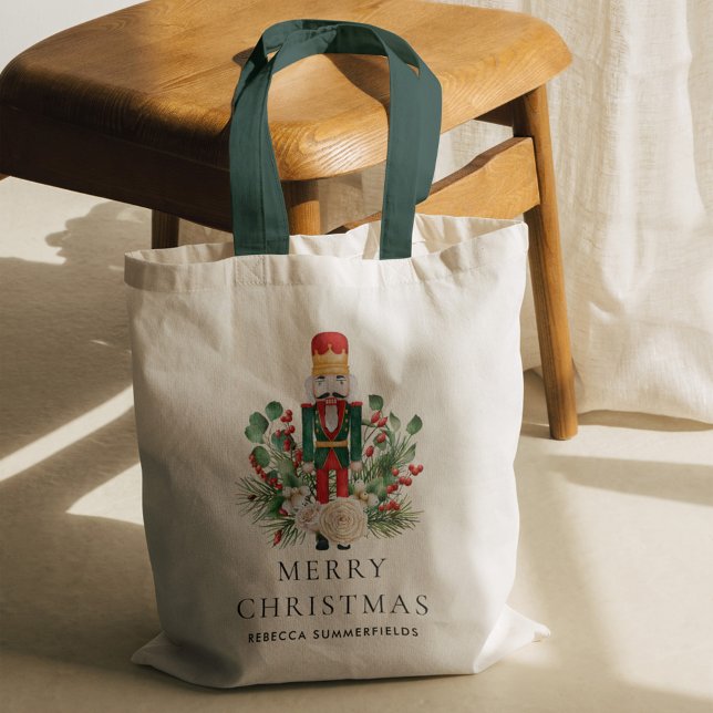 Weihnachtsfeiertage Nutcracker Custom Tragetasche (Christmas Nutcracker Greenery Red Berries Green Handles Tote Bag)