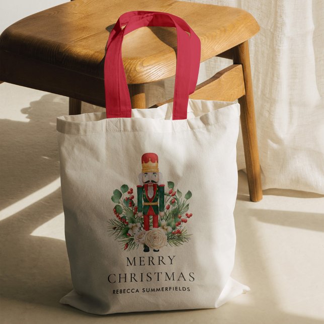 Weihnachtsfeiertage Nutcracker-Familie - Sake Tragetasche (Christmas Nutcracker Greenery Red Berries Red Handles Tote Bag)