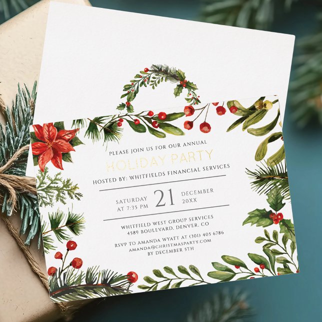 Weihnachtsfeiertage Party Gold Folieneinladung (Christmas Party Botanical Red Berries Gold Foil Invitation)