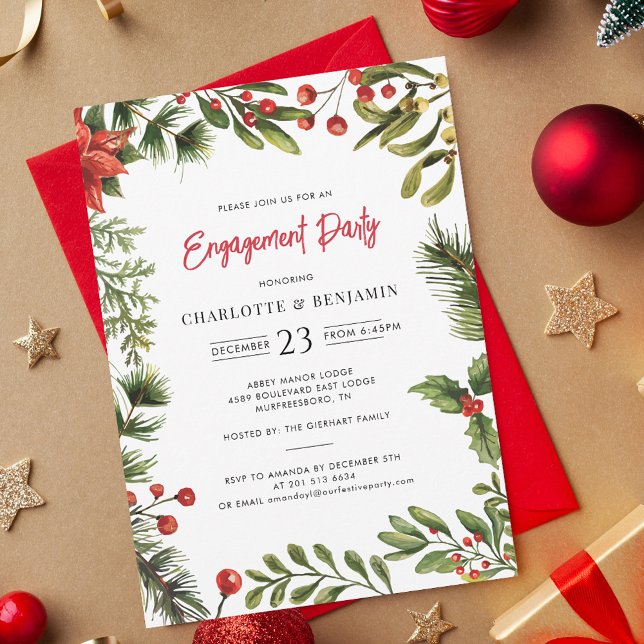 Weihnachtsfeiertage Red Berries Engagement Party Einladung (Christmas Engagement Red Berries Greenery Party Invitation)