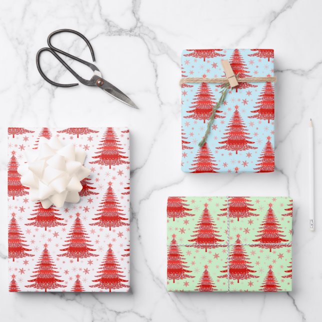 Weihnachtsfeiertage Rote Bäume Muster Geschenk Geschenkpapier Set (Vorderseite)