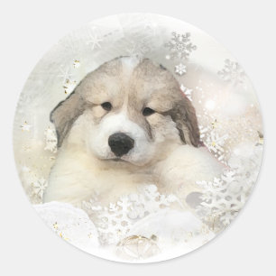 Weihnachtsfeiertags-große Pyrenäen-Welpen-Aquare Runder Aufkleber