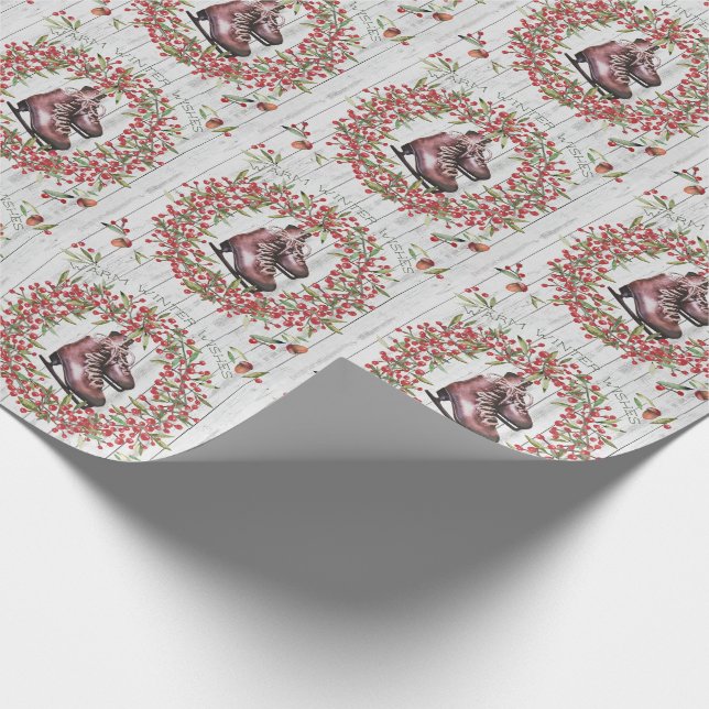 Weihnachtsfeiertags-rustikaler Wreath und Skate Geschenkpapier (Ecke)