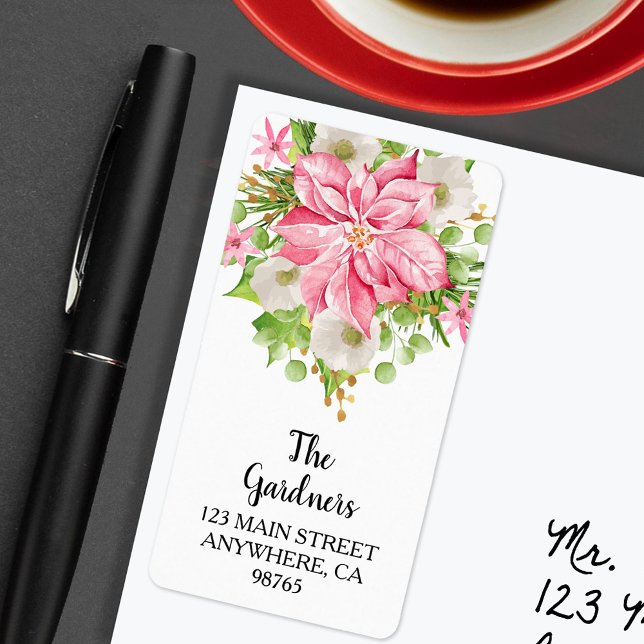 Weihnachtsfeiertagsrede Adressaufkleber (Christmas Pink Poinsettia Floral Holiday Address Labels)