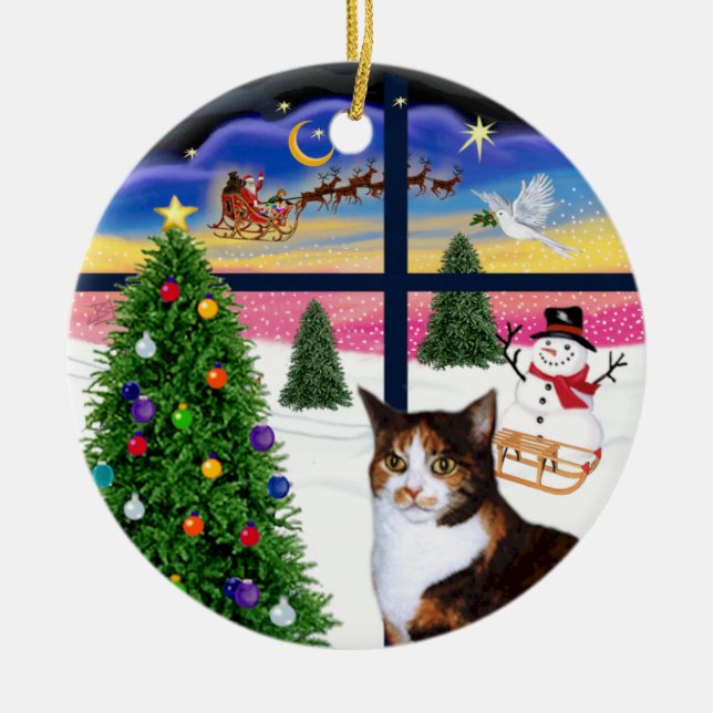 Weihnachtsfenster - Calico Cat (Amer.Kurz Hair) Keramikornament (Vorne)