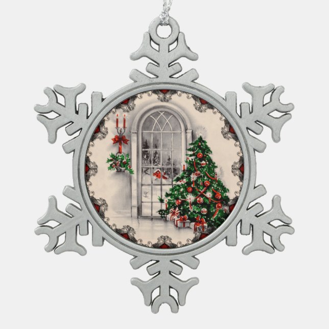 Weihnachtsfenster im Jahrgang Schneeflocken Zinn-Ornament (Vorderseite)