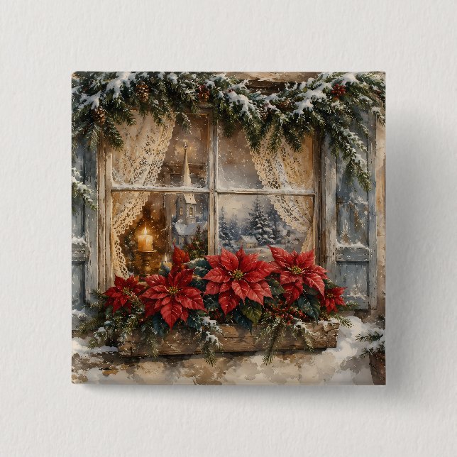 Weihnachtsfenster mit Poinsettie im Schnee Button (Vorderseite)