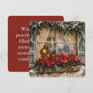 Weihnachtsfenster mit Poinsettie im Schnee Feiertagskarte
