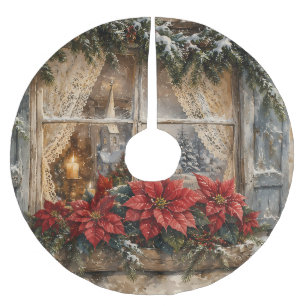 Weihnachtsfenster mit Poinsettie im Schnee Polyester Weihnachtsbaumdecke