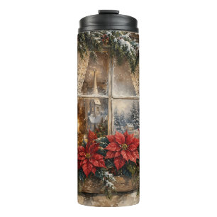 Weihnachtsfenster mit Poinsettie im Schnee Thermosbecher
