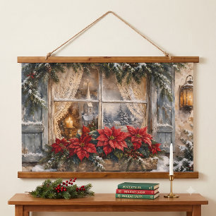 Weihnachtsfenster mit Poinsettie im Schnee Wandteppich Mit Holzrahmen