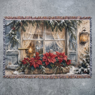Weihnachtsfenster mit Poinsettien im Schnee Decke