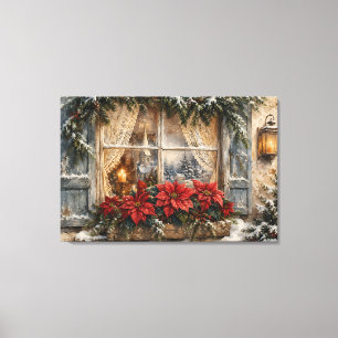 Weihnachtsfenster mit Poinsettien im Schnee Leinwanddruck