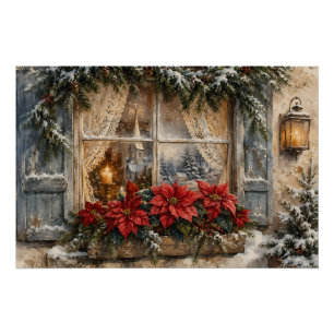 Weihnachtsfenster mit Poinsettien im Schnee Poster