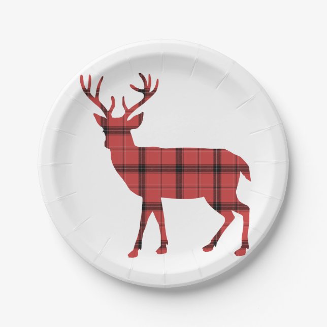 Weihnachtsferien Hirsch Red Kariert Tartan Muster Pappteller (Vorderseite)