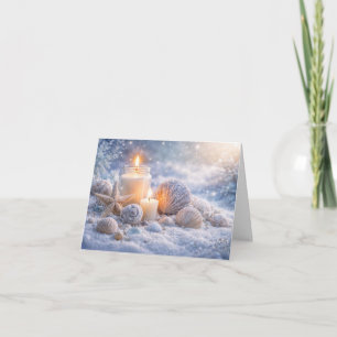 Weihnachtsferien Muscheln im Schnee und Kerze Karte