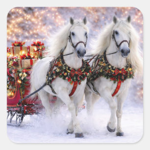 Weihnachtsferien Pferde Schlitten Schnee Quadratischer Aufkleber