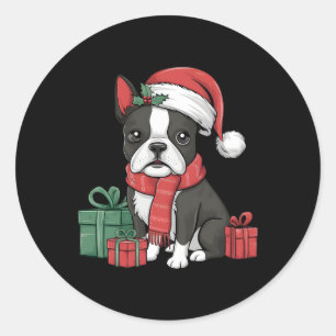 Weihnachtsferien Santa Hut Boston Terrier Hund Wei Runder Aufkleber