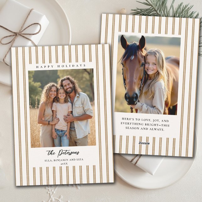 Weihnachtsferien Taupe Streifen Erdig 2-Foto Feiertagskarte (family christmas photo card tan brown stripes modern minimalist contemporary earthy organic)