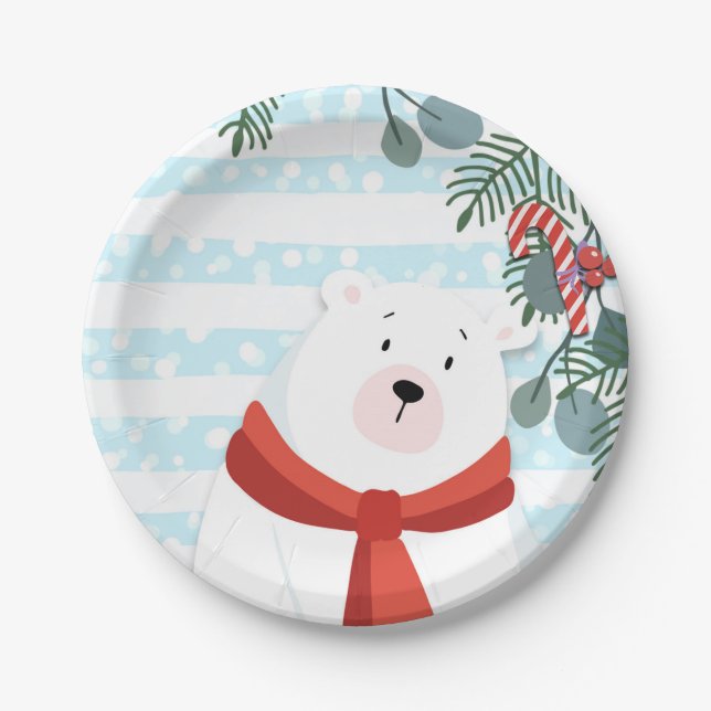 Weihnachtsferien Winter Polar Bear Baby Dusche Pappteller (Vorderseite)