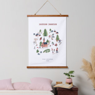 Weihnachtsferienhäuser Winterlandschaft Wandteppich Mit Holzrahmen