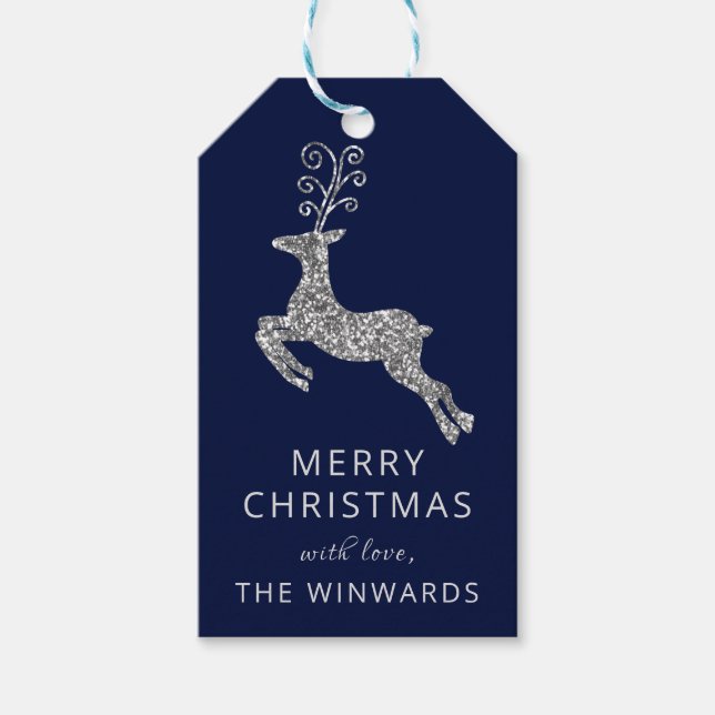 Weihnachtsfest Blau & Silberner Glitzer Rentier Geschenkanhänger (Vorderseite)