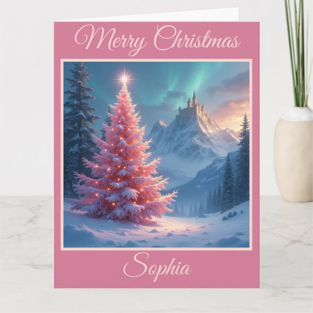 Weihnachtsfest Burg und Rosa Baum Karte (Vorderseite)