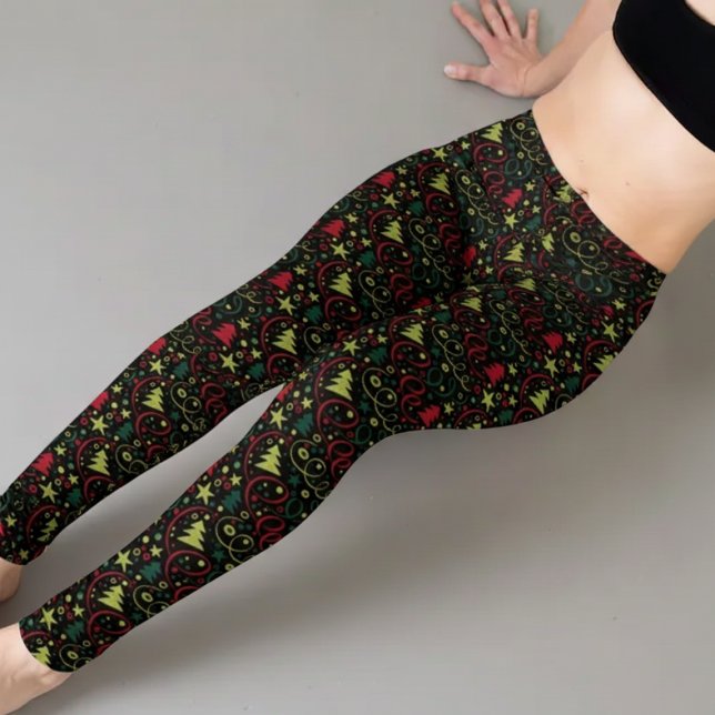 Weihnachtsfest Capri Leggings (Retro colorful Christmas tree leggings! Funky festive fashion with stars, swirls & holiday fun!)