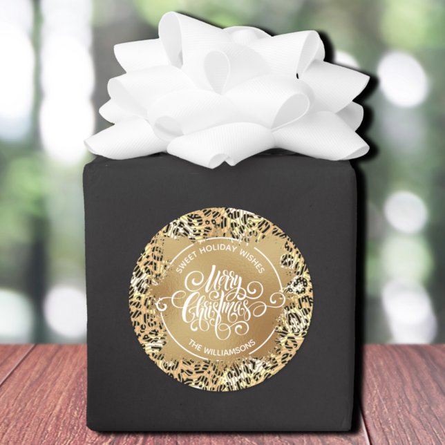 Weihnachtsfest Feiertag BackLeopard Runder Aufkleber (Merry Christmas on gold sweet holiday wishes homemade stickers on leopard print)