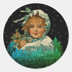Weihnachtsfest Girl Night Trees Runder Aufkleber