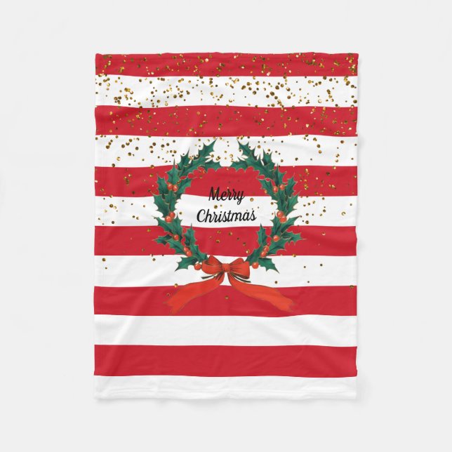 Weihnachtsfest Holly Berries Wreath Stripes Fleecedecke (Vorderseite)