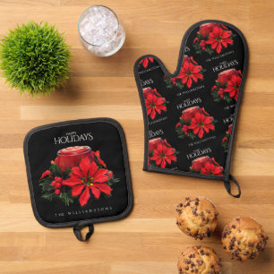 Weihnachtsfest Holly Poinsettias Ofenhandschuh & Topflappen-Set