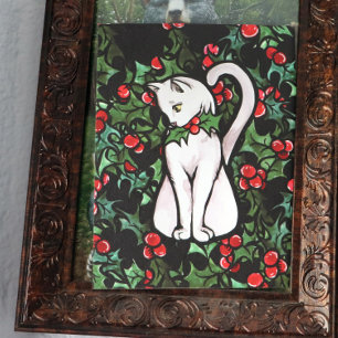 Weihnachtsfest Holly White Cat Feiertagspostkarte
