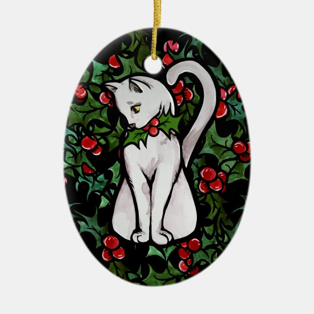 Weihnachtsfest Holly White Cat Keramik Ornament (Vorne)