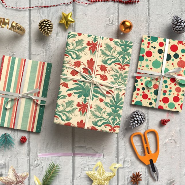 Weihnachtsfest im Roten und Grünen Jahrgang 3 Sets Geschenkpapier Set (Red and Green Vintage Christmas set of 3 Wrapping Paper Sheet)