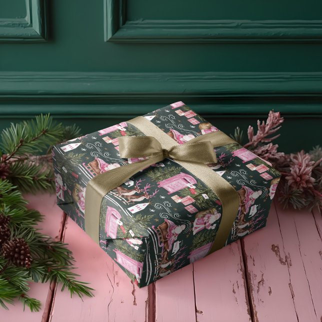 Weihnachtsfest in Rosa - Dorf am Nordpol Geschenkpapier (Pink Christmas Santa Reindeer North Pole Village Wrapping Paper)