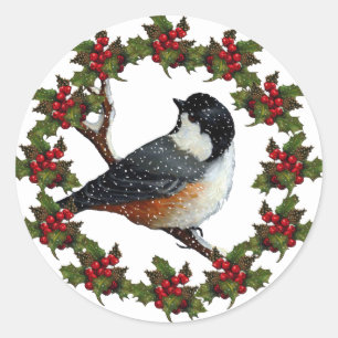 Weihnachtsfest mit Chickadee: Original Kunst Runder Aufkleber