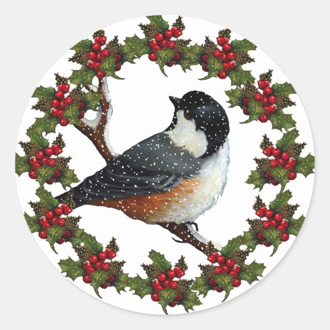 Weihnachtsfest mit Chickadee: Original Kunst Runder Aufkleber (Vorderseite)
