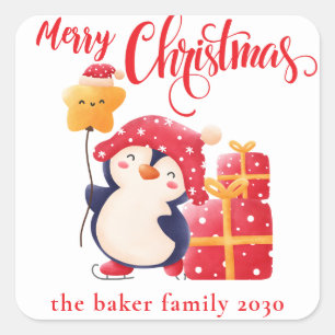 Weihnachtsfest Pinguin Red Custom personalisiert Quadratischer Aufkleber
