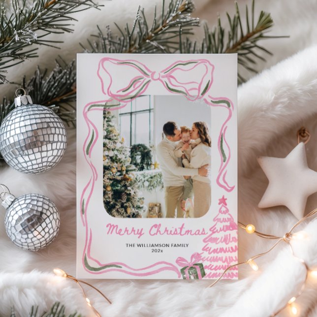 Weihnachtsfest Pink Bow Family Foto Feiertagskarte (Pink Christmas Hand Drawn Family Photo Card)
