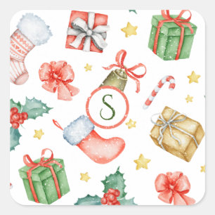 Weihnachtsfest Wasserfarbe Monogramm im Vintage-St Quadratischer Aufkleber