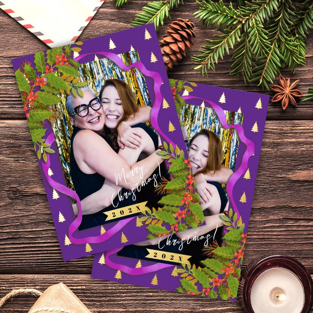 Weihnachtsfestival Ribbon Foto Lila Folien Feiertagspostkarte (Christmas Festival Ribbon Photo Purple Foil Holiday Postcard)