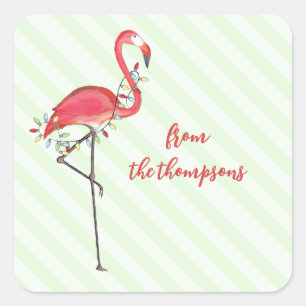 Weihnachtsfestliche süße Flamingo-Lichterkette Cl Quadratischer Aufkleber