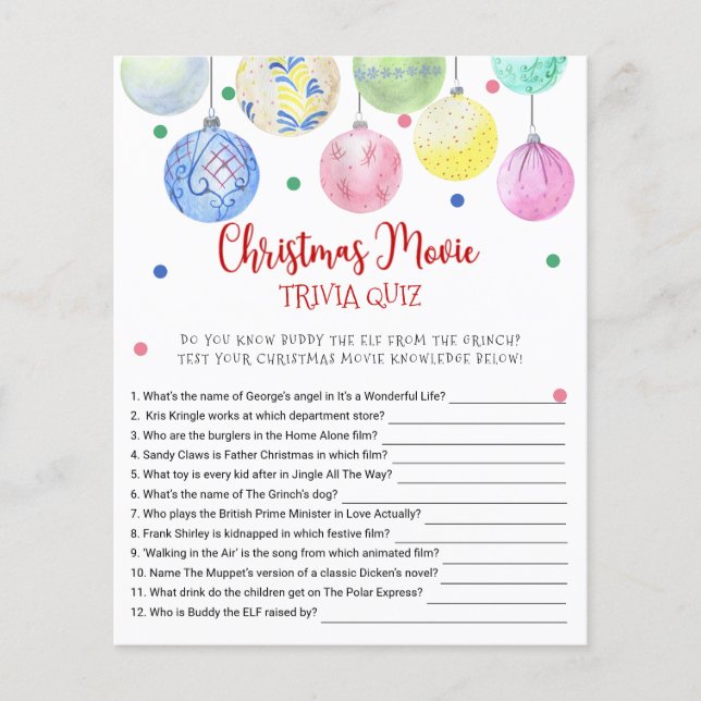 Weihnachtsfilm TRIVIA QUIZ Game Card Flyer (Vorne)