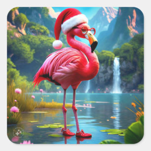 Weihnachtsflamingo als Weihnachtsmann-47476 Quadratischer Aufkleber