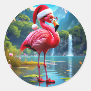 Weihnachtsflamingo als Weihnachtsmann-47476 Runder Aufkleber