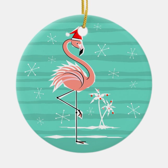 Weihnachtsflamingo-Streifen-Textverzierung rund Keramik Ornament (Vorne)