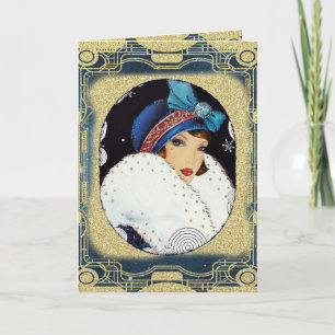 Weihnachtsflapper Girl Large White Fur Coat Feiertagskarte